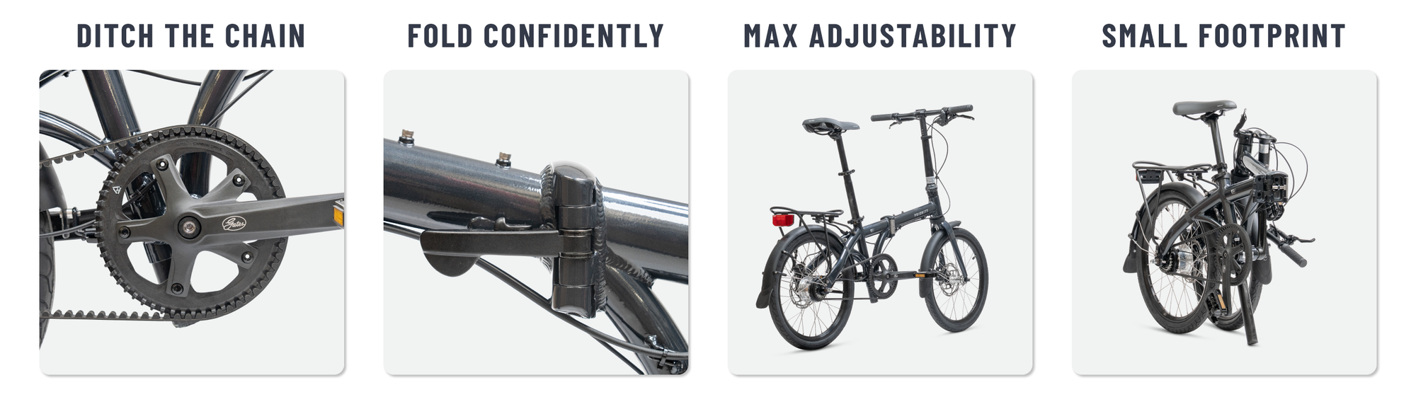 Ditch the Chain. Fold Confidently. Max Adjustability. Small Footprint. The Priority Folder folding bicycle.
