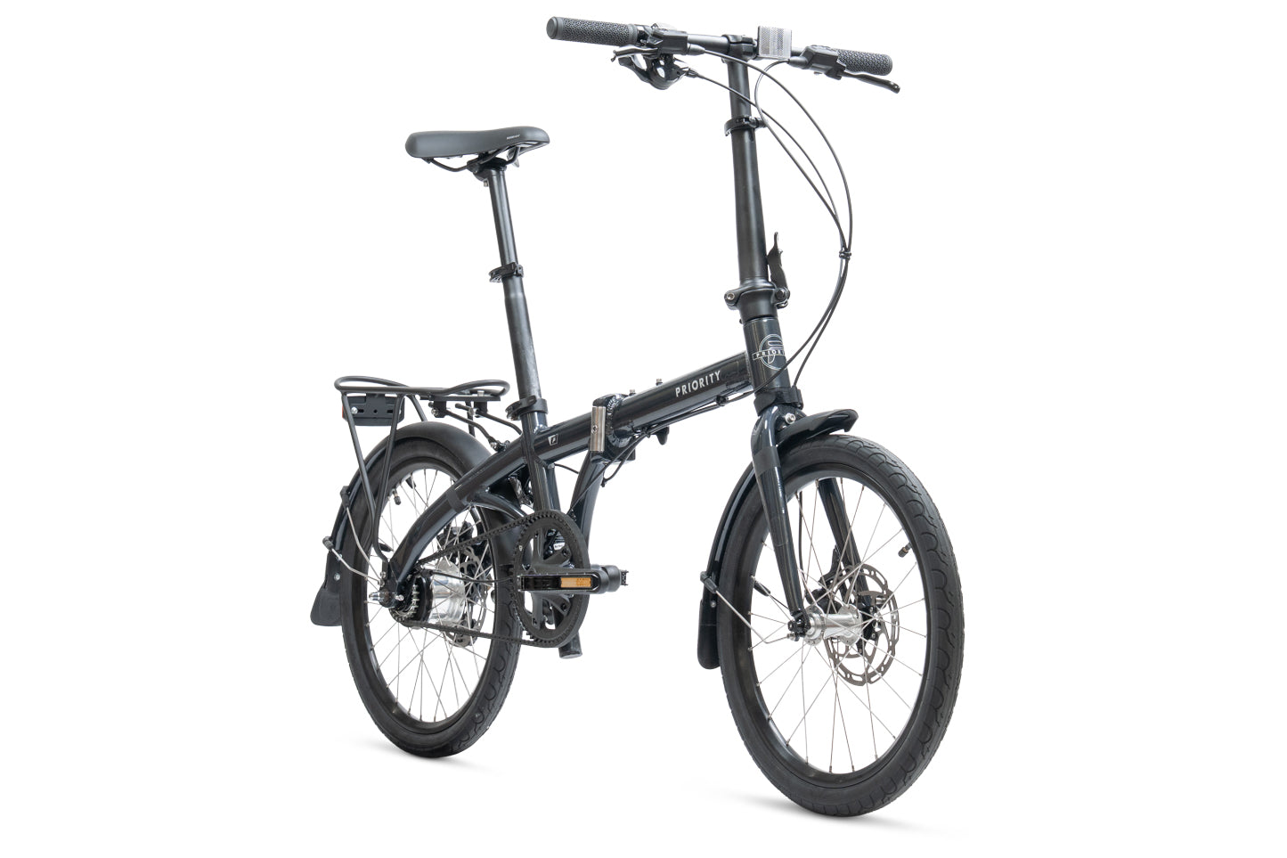 Priority Folder with disc brakes, rear rack, and fenders.