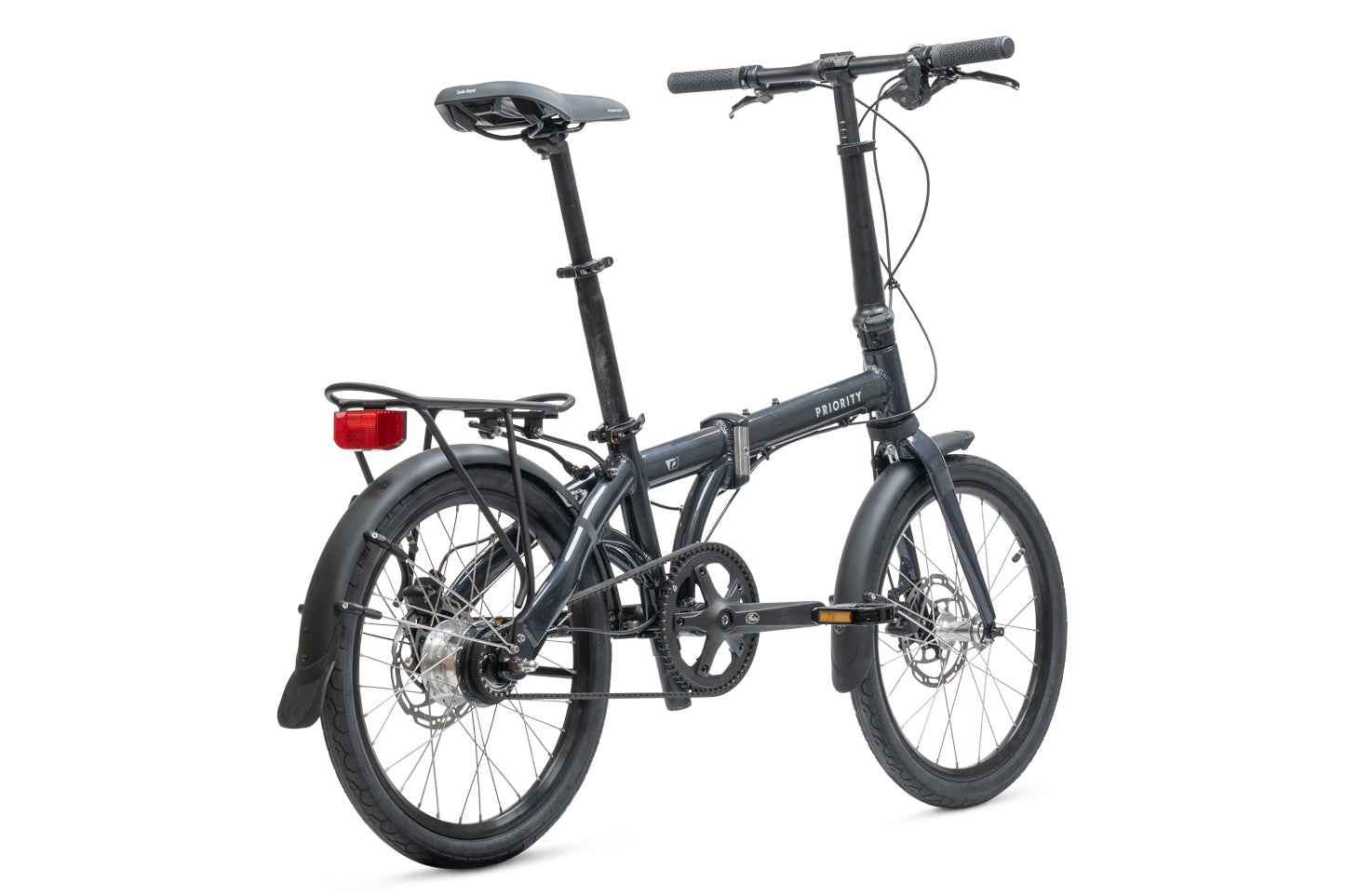 Priority Folder 8 with Disc brakes, gates belt drive, rear rack, and fenders.