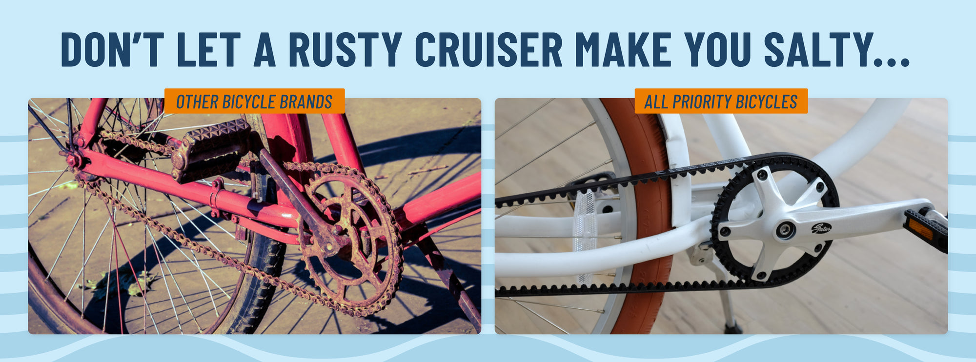 Don't Let A Rusty Beach Cruiser Make You Salty... Other bicycle brands have chains that rust. Priority uses Gates Carbon Belt Drives on all of our bicycles for a rust and grease free experience.