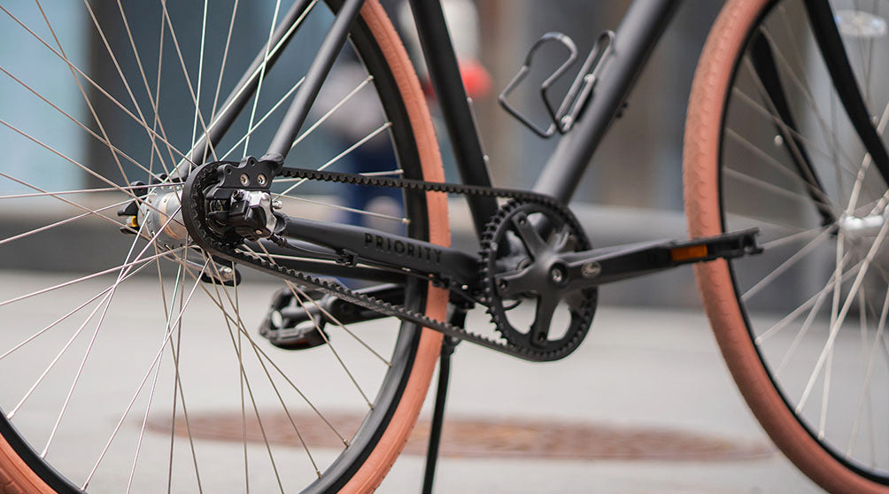 belt drivetrain on the Priority Classic Plus bike for college students