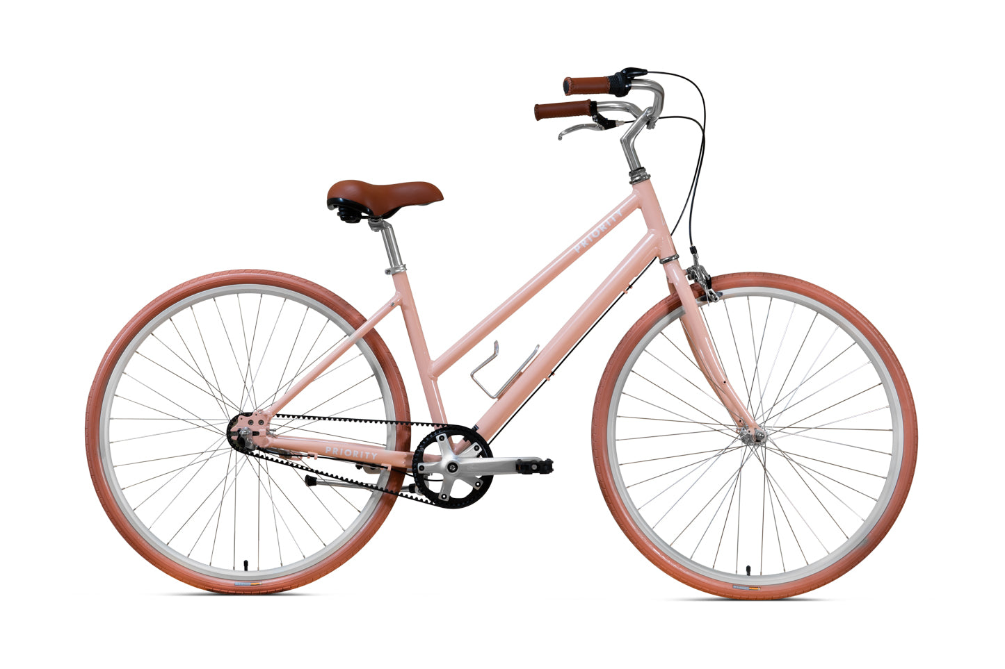 Blush Priority Classic Plus step-through comfort bike with brown tires, saddle, and grips